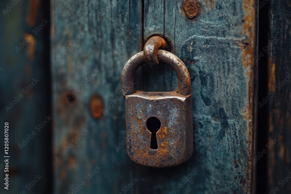 Old rusted padlock securing a weathered wooden door in the afternoon light Old rusted padlock securing a weathered wooden door in the afternoon light