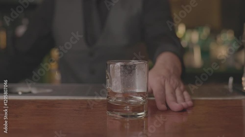 Close-up of a bartender preparing a cocktail with precision and skill, mixing ingredients in a modern bar setting