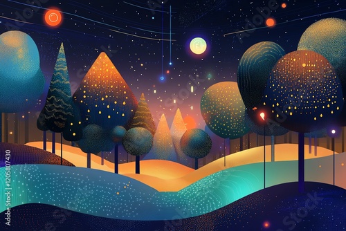 Whimsical illustration of a magical night forest with glowing trees, planets, and starry sky. Perfect for fantasy, children's book, or magical theme.