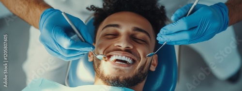 Dental check-up, cheerful man in blue gloves and white top seated in chair, dentist in uniform performing smile enhancement, light grey backdrop photo