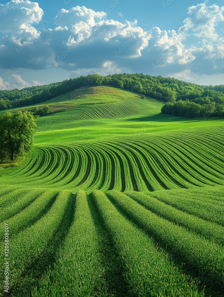 Lush green hills with wavy crop lines under a bright blue sky and fluffy clouds. Lush green hills with wavy crop lines under a bright blue sky and fluffy clouds.