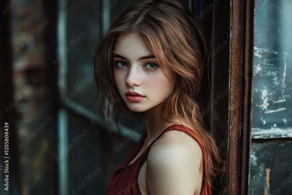 Young woman posing gracefully near a rustic window in soft natural light Young woman posing gracefully near a rustic window in soft natural light
