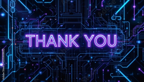 Neon Thank You Message on Circuit Board Background: Digital Gratitude