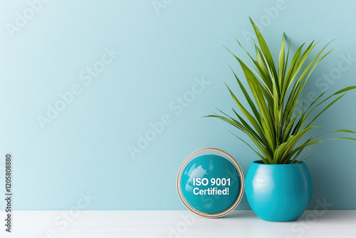 A plant is in a blue pot next to an ISO 9001 certified sign. Guarantees of Quality: Proven performance, every time