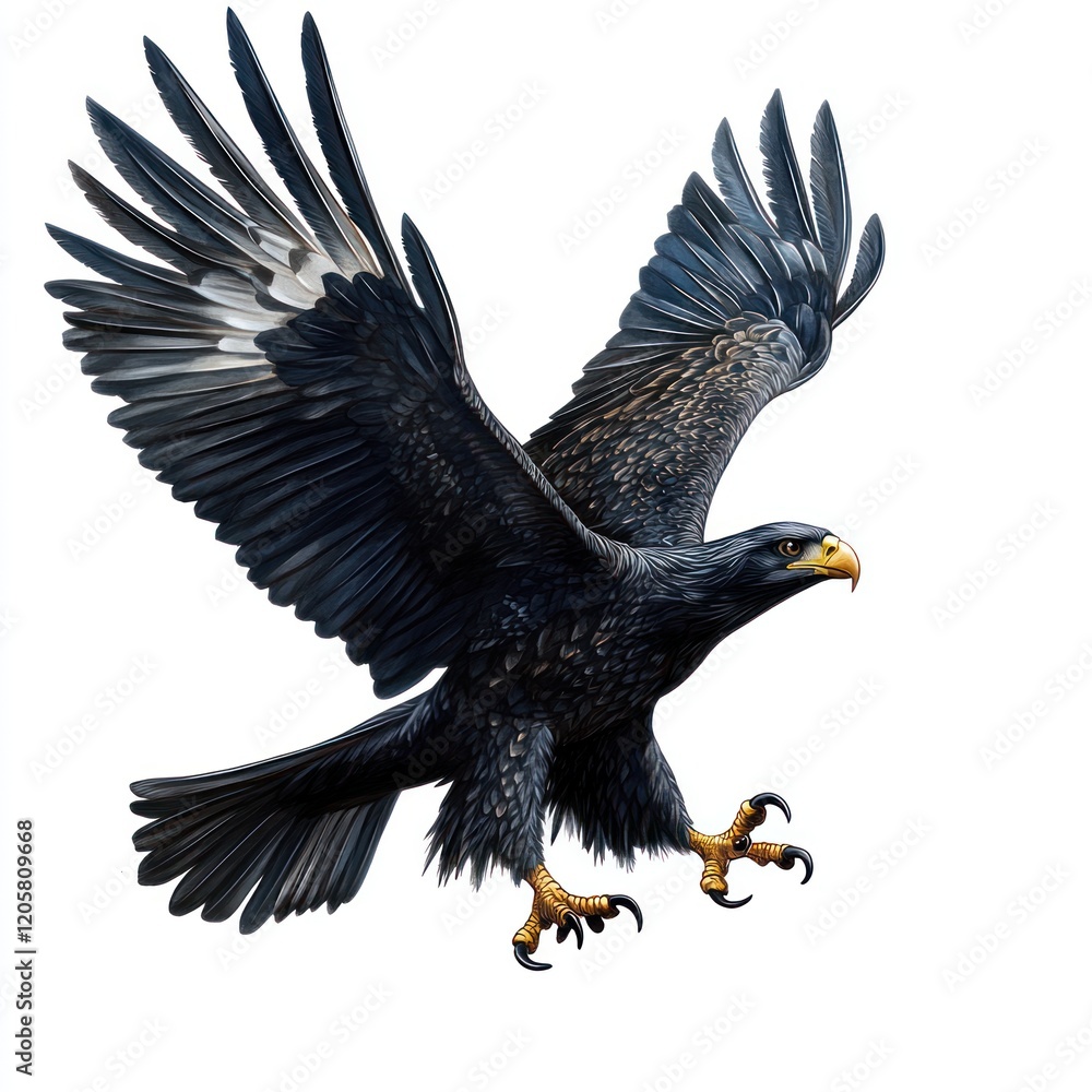 Obraz premium Black hawk soaring, talons extended, wildlife, nature, isolated white background; ideal for nature documentaries