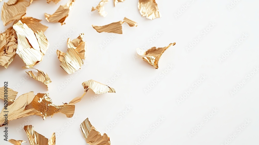 Obraz premium Pieces of abstract golden foil on white background. scattered crumpled golden foil top view perspective, glamorous wallpaper