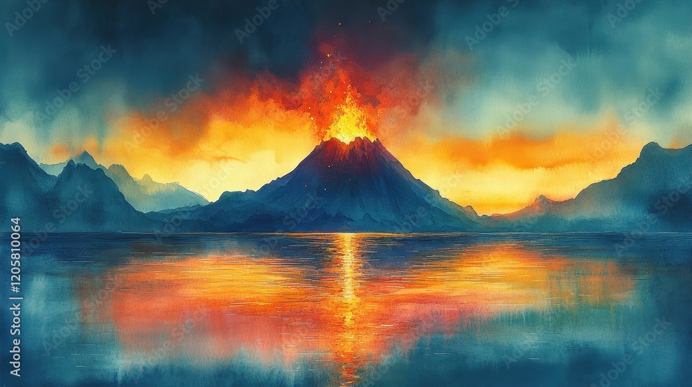 Fototapeta premium Dramatic watercolor painting of a volcanic eruption with fiery reflection