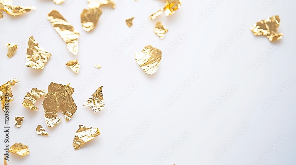 Pieces of abstract golden foil on white background. scattered crumpled golden foil top view perspective, glamorous wallpaper