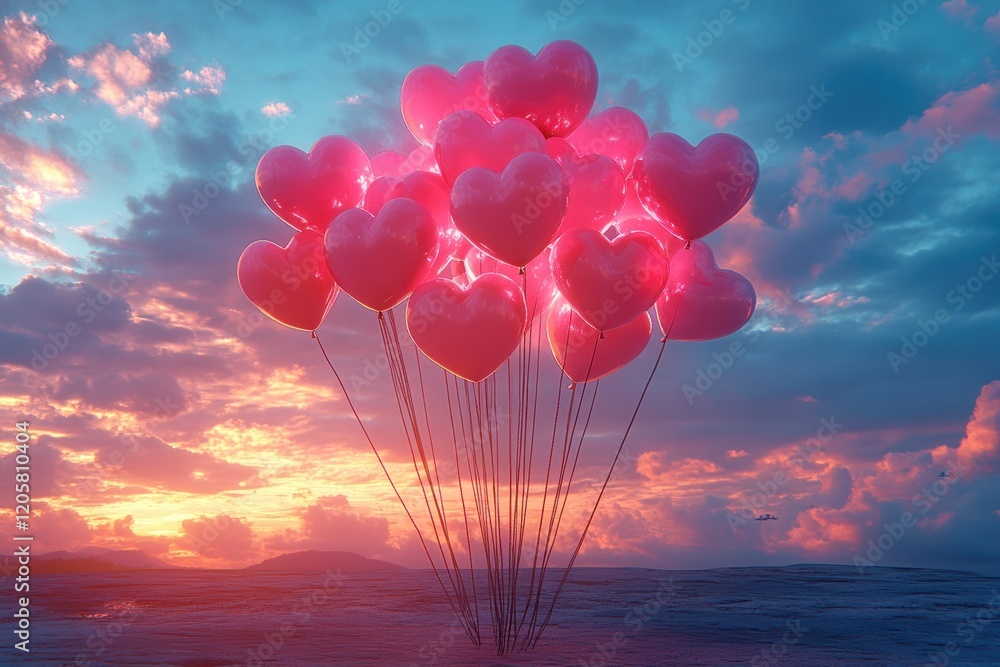 Fototapeta premium Cluster of Neon Pink Heart Shaped Balloons Against a Colorful Sky