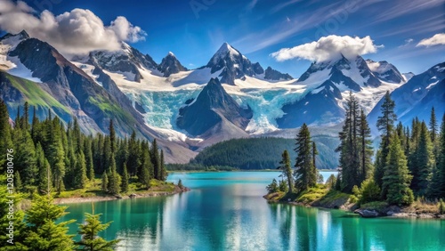 Serene mountain lake nestled amidst a breathtaking vista of snow-capped peaks and evergreen forests