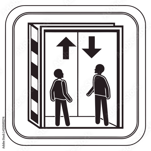 Simple elevator pictogram with human figures and directional arrows, suitable for use in public spaces, buildings, or transportation-related stock images.