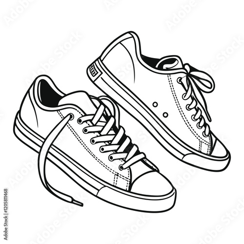 Vector drawing of two classic low-top sneakers with visible stitching and laces, positioned at an angle. Ideal for apparel, accessory designs, and marketing materials.
