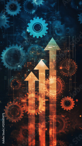 Growing orange arrows and gears on a dark background representing positive performance, growth and success