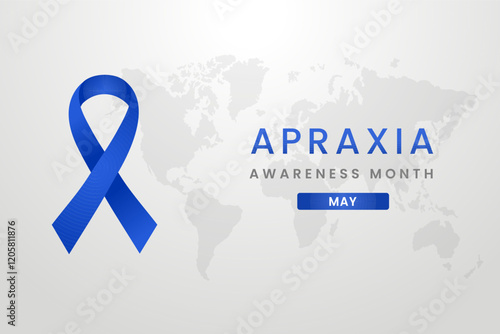 Apraxia awareness illustration on White background with dark blue color ribbon.