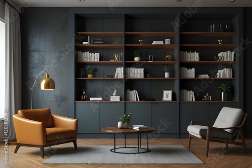 zoom virtual background of office room with bookcase professional remote work setup Generative AI