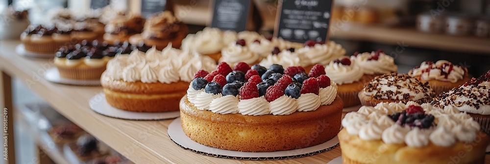 Bakery display with layers of cakes cupcakes and tarts in various flavors each one decorated with intricate details attracting customers Bakery display with layers of cakes cupcakes and tarts in various flavors each one decorated with intricate details attracting customers