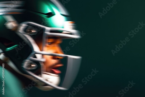 professional sport photograph blurry linebackers in green and silver uniforms colliding on field photo