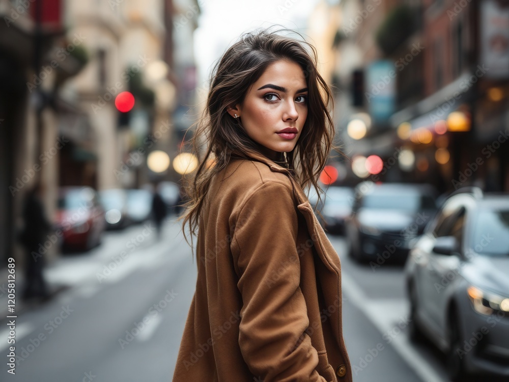 A young woman with long brown hair, wearing a brown coaton City Street A young woman with long brown hair, wearing a brown coaton City Street