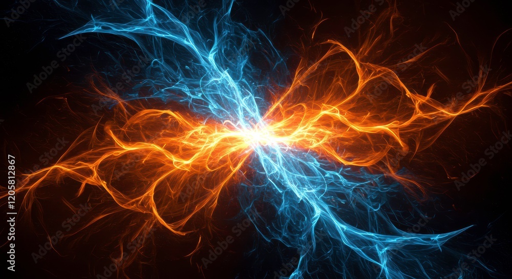 Obraz premium Clash of Elements: An abstract and mesmerizing collision of fiery orange and icy blue energy, illuminating the dark background with electrifying intensity.