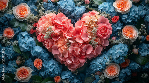 Wallpaper Mural Colorful flowers arranged in a heart shape on a blue background. Romance, love concept Torontodigital.ca