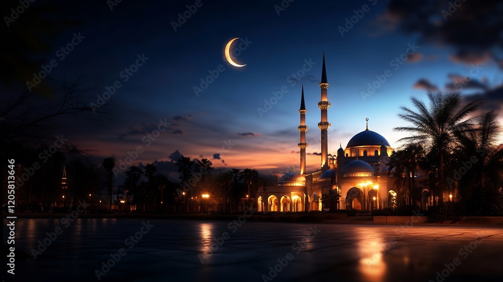 Fototapeta premium Night Serenity: Illuminated Mosque under Crescent Moon