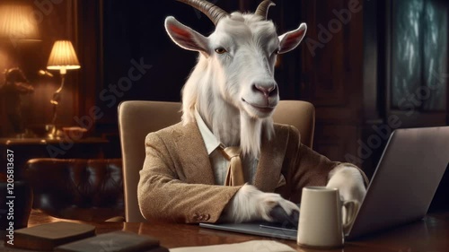 White goat wearing business suit sits at its desk in office with laptop