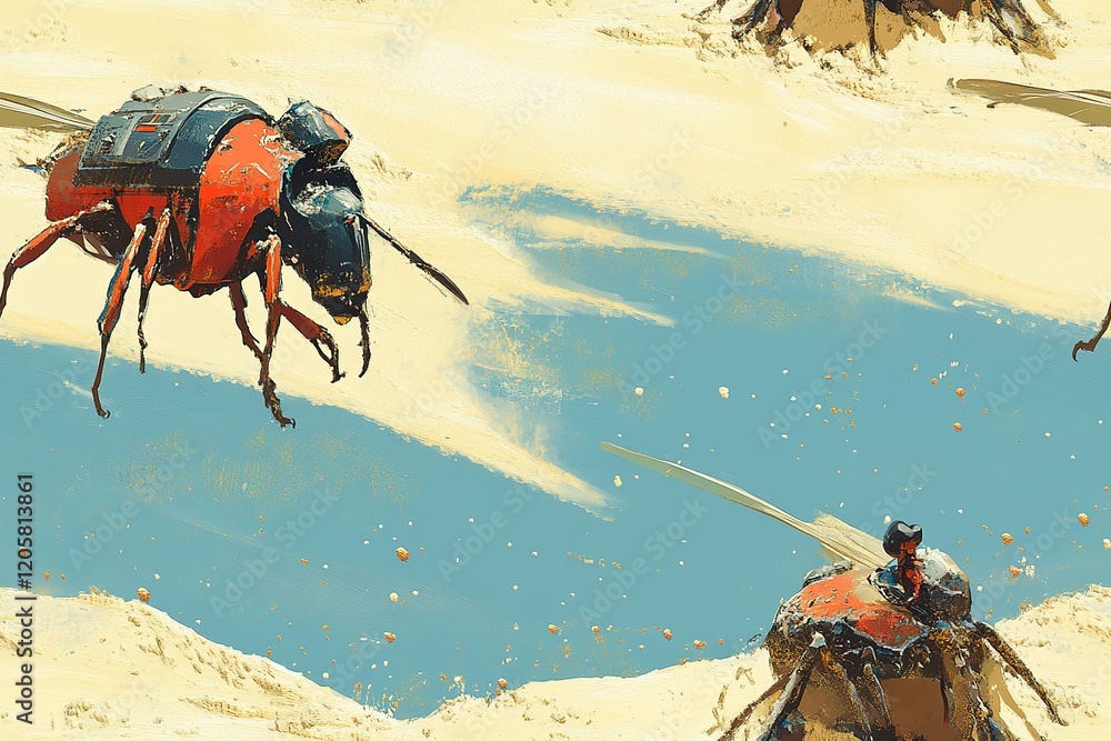 Fototapeta premium Robotic Insects Fly Over Sandy Desert Landscape