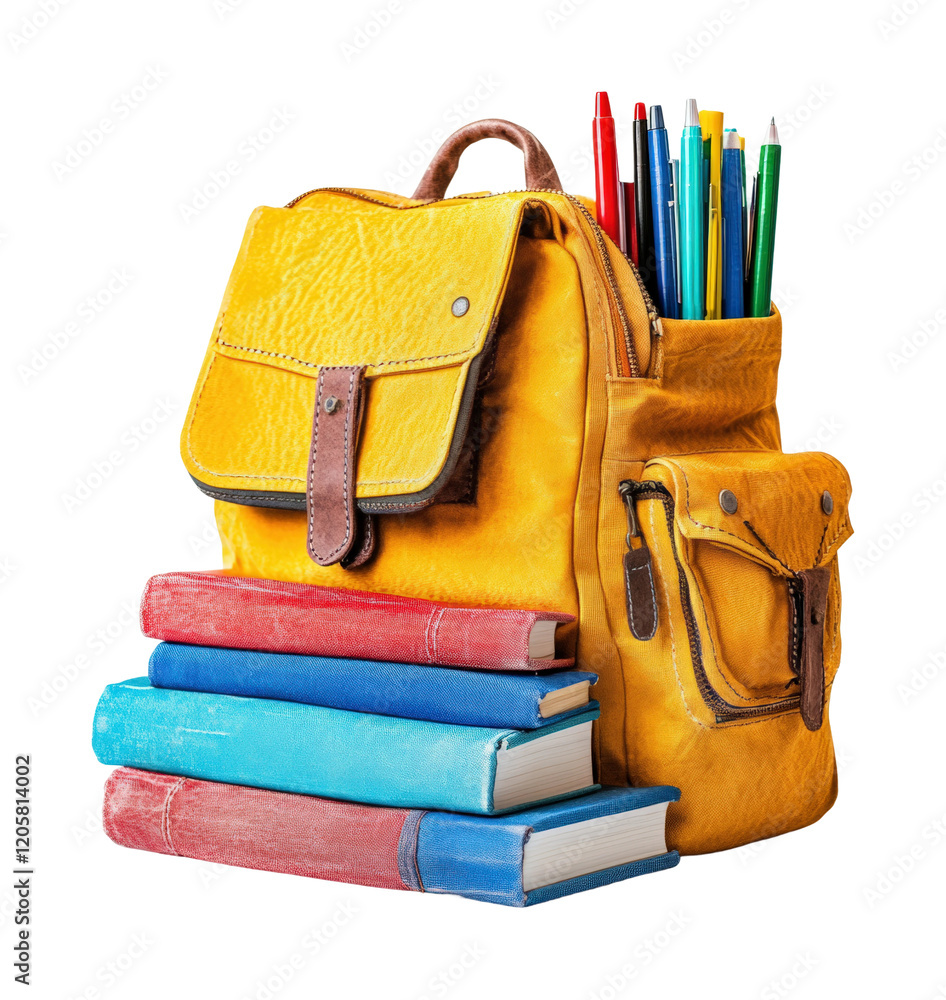 School backpack with books and pens educational concept vibrant mood School backpack with books and pens educational concept vibrant mood