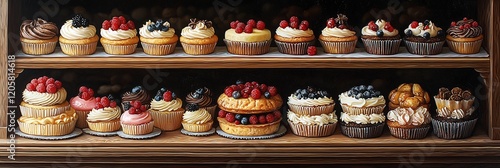 Bakery display with layers of cakes cupcakes and tarts in various flavors each one decorated with intricate details attracting customers photo