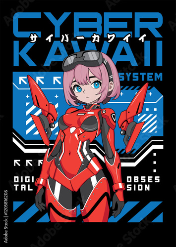 Anime girl poster in manga style. Tokyo Japan anime girl with concept of virtual reality,retro,futurism,futuristic,cyberpunk. Japanese y2k vector illustration. Kanji translation is Cyber Kawaii