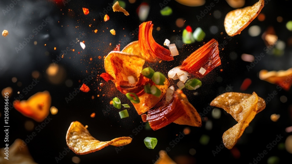 Spicy chips, vegetables, and spices explode mid-air against dark background Spicy chips, vegetables, and spices explode mid-air against dark background