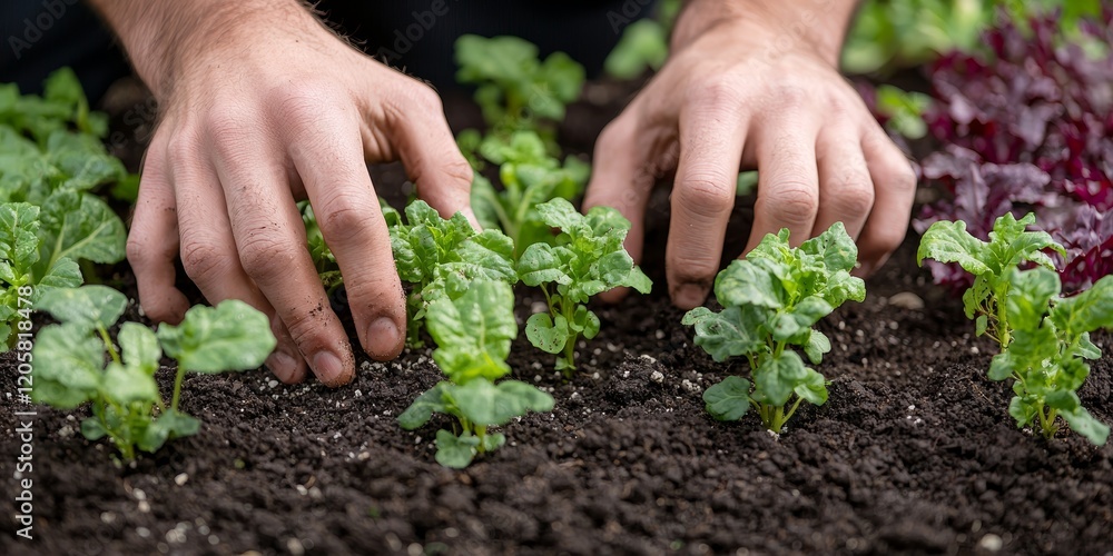 Hands Planting Fresh Vegetables in Garden Soil Hands Planting Fresh Vegetables in Garden Soil
