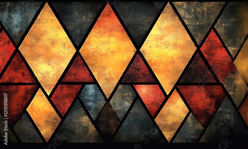 Wallpaper Mural Vibrant stained glass window featuring a geometric pattern of red, yellow, and blue shapes, creating a warm ambiance Torontodigital.ca