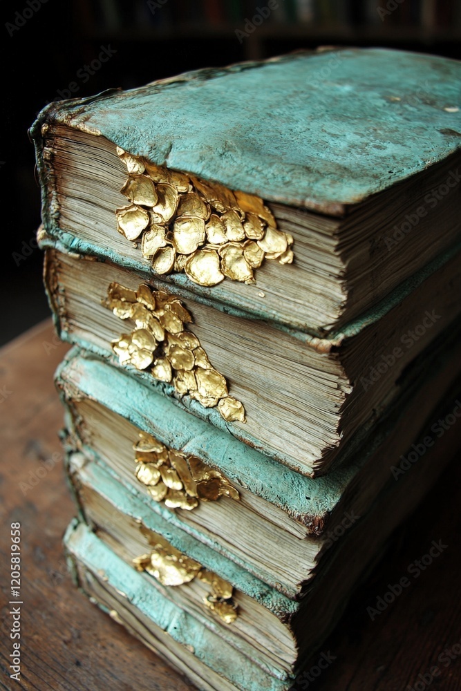 Obraz premium Antique Books with Gold Leaf Accents: A Study in Texture and Age