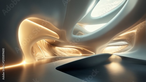 A modern concert hall with flowing organic shapes and dramatic lightin photo