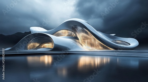 A modern concert hall with flowing organic shapes and dramatic lightin photo