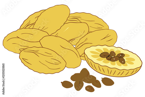 Golden dried fruit, raisins, sultanas, plump texture, wrinkled surface, natural snack, healthy food, yellow hue, soft lighting, white background, macro photography, detailed texture, clustered arra