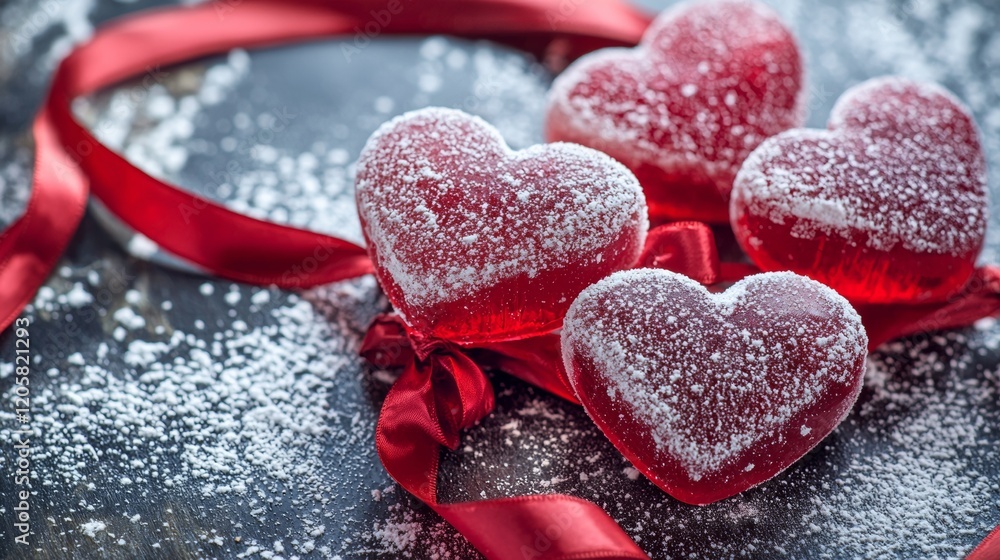 Obraz premium Red heart-shaped jelly candies with powdered sugar and satin ribbon on a wooden surface during a festive occasion