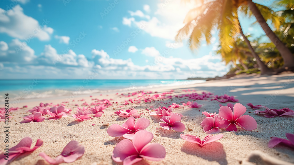 Tropical beach decorated with bright pink flower petals. The concept of an ideal place for relaxation, romance or photo sessions. Tropical beach decorated with bright pink flower petals. The concept of an ideal place for relaxation, romance or photo sessions.