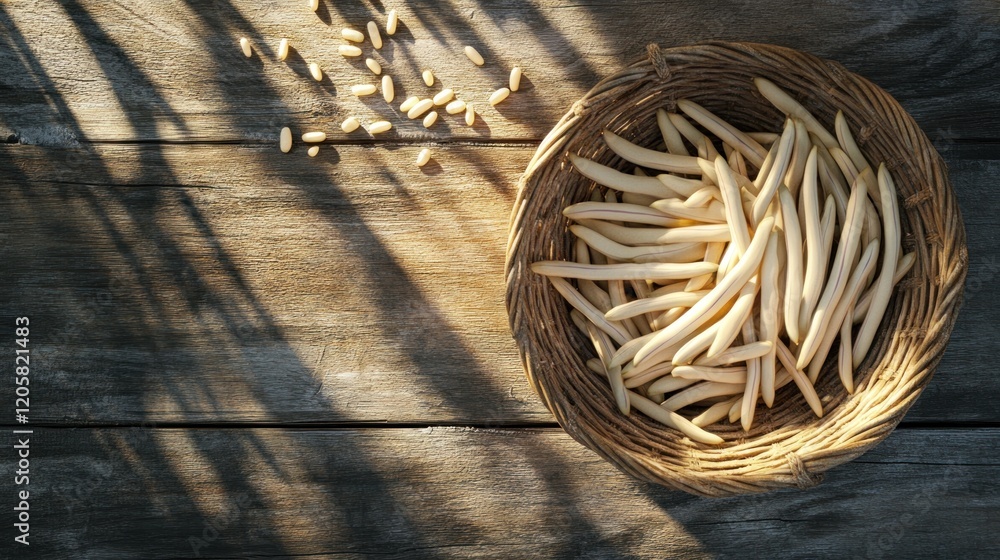 Fototapeta premium Sunlit yellow beans in basket on rustic wood