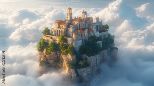 Majestic castle perched atop a floating island amidst fluffy clouds, bathed in golden sunlight.