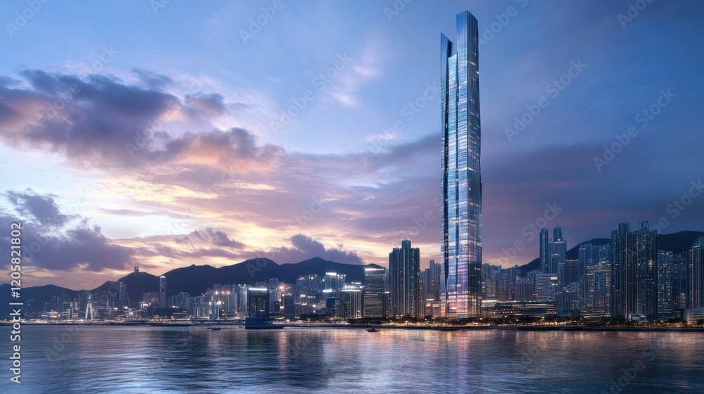 Obraz premium A sleek skyscraper with a mirrored glass facade reflecting the city skyline