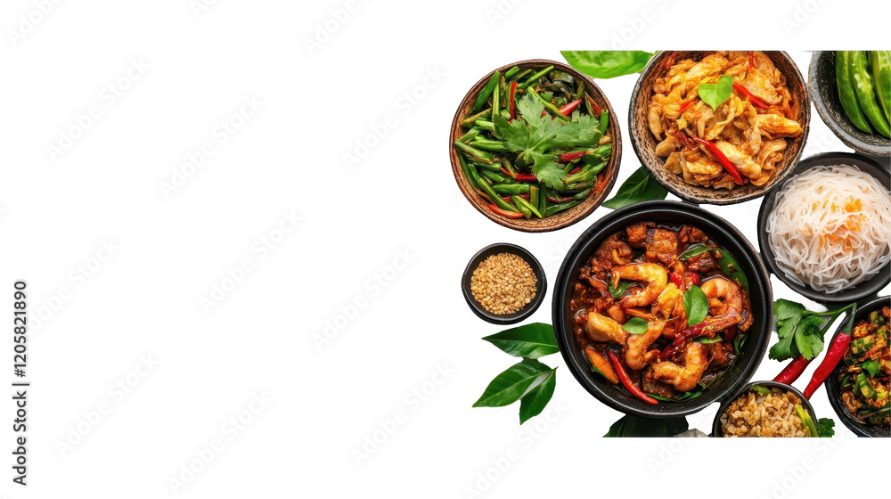 A vibrant spread of various delicious dishes with fresh ingredients on a wooden table. transparent background A vibrant spread of various delicious dishes with fresh ingredients on a wooden table. transparent background