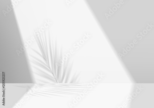 3d gray background product display podium scene with leaf geometric platform. grey background vector 3d render with podium. stand to show cosmetic product. Stage showcase on pedestal display white