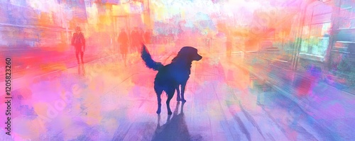 High-angle perspective of a curious dog exploring a surreal urban park