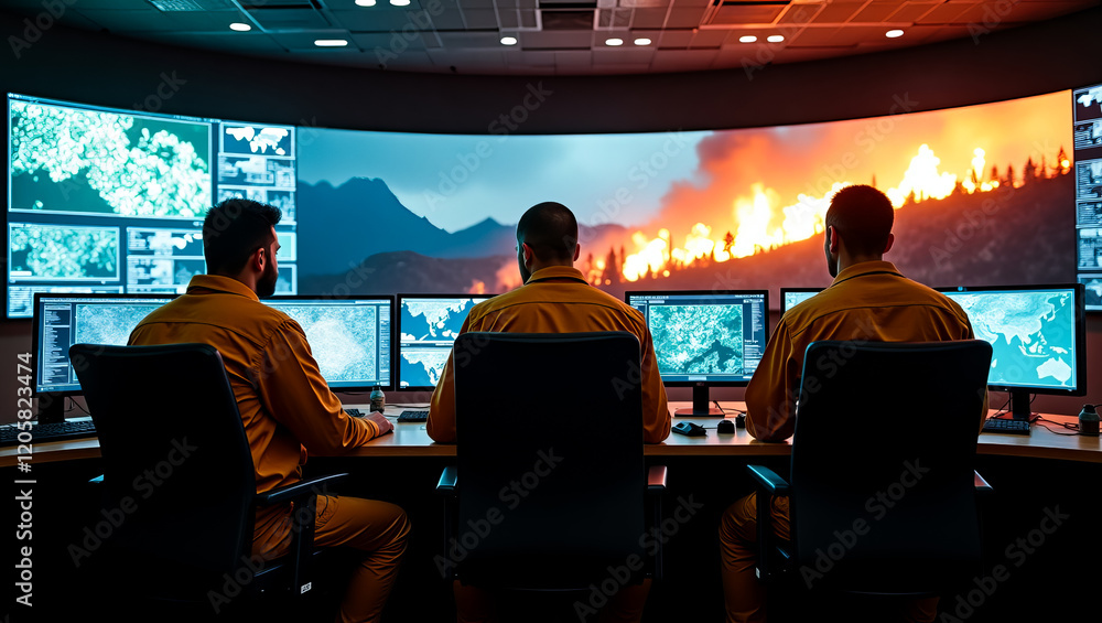 Emergency Response Team Monitoring Wildfire Crisis Using Advanced Technology Digital Screens Showing Realtime Data and Maps for Effective Disaster Management