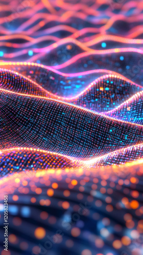 Abstract background representing data flow, blockchain technology or cyberspace with colorful digital particles forming waves
