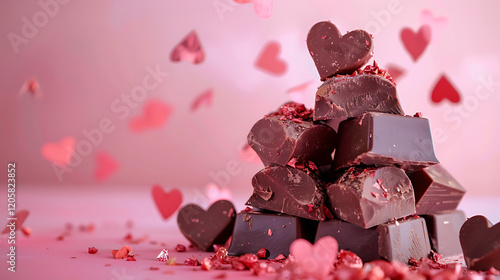 Pyramid of chocolate pralines with heart decorations on pink background