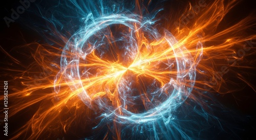 Fiery Ice Orb: A mesmerizing digital artwork depicting a swirling orb of contrasting elements – fiery orange and cool blue energy intertwining.