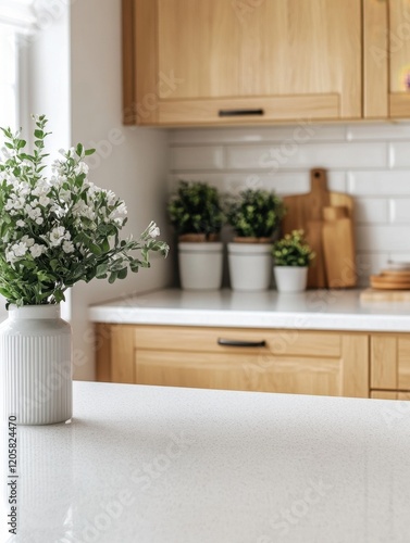 Bright Scandinavian kitchen countertop with light wood cabinets, product display space
